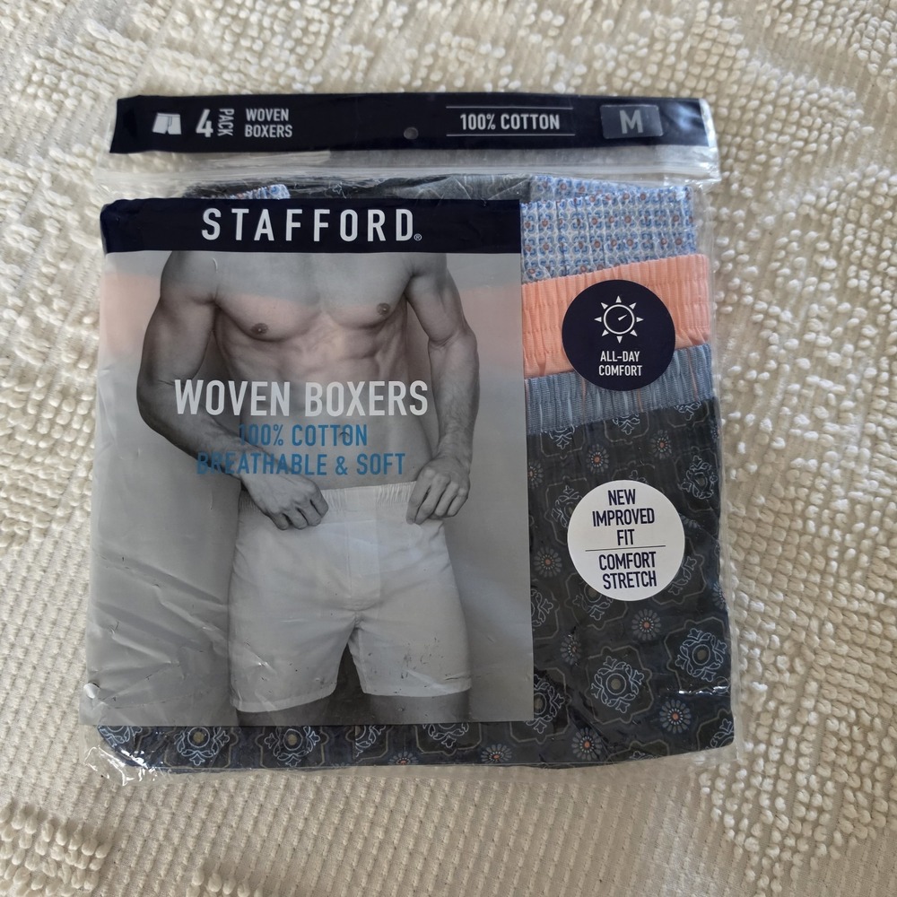 Stafford 4-Pack Men's 100% Cotton Woven Boxers Red Blue Assorted Medium